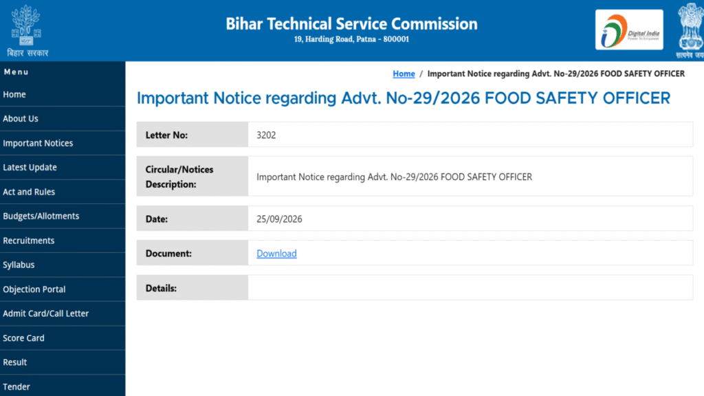BTSC Food Safety Officer Vacancy 2026